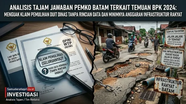Ilustrasi kontras antara dokumen opini WTP BPK dan realita kerusakan jalan publik di Kota Batam untuk berita investigasi Samudera Kepri