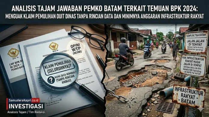 Ilustrasi kontras antara dokumen opini WTP BPK dan realita kerusakan jalan publik di Kota Batam untuk berita investigasi Samudera Kepri