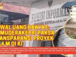 Kawal Uang Rakyat: SamuderaKepri Paksa Transparansi Proyek 14,4 M di KI Thumbnail investigasi SamuderaKepri menampilkan gedung Komisi Informasi Kepulauan Riau, foto besi wiremesh proyek jalan Anambas senilai 14,4 Miliar, dan papan proyek CV Bintang Laut Mandiri dengan narasi paksa transparansi anggaran.
