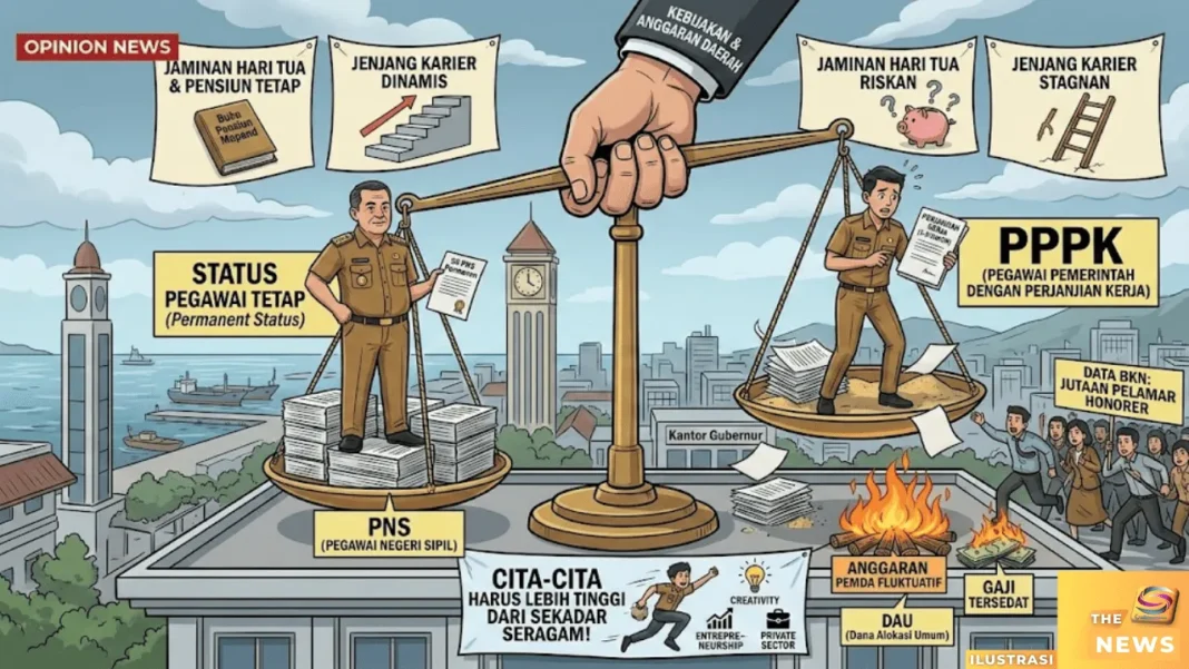 pppk-bukan-pns-samuderakepri Infografis perbandingan PNS dan PPPK yang menunjukkan perbedaan status pegawai tetap vs kontrak, jenjang karir, dan risiko anggaran daerah
