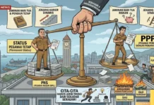 PPPK Bukan PNS: Menakar Realita di Balik Euforia Status ASN Infografis perbandingan PNS dan PPPK yang menunjukkan perbedaan status pegawai tetap vs kontrak, jenjang karir, dan risiko anggaran daerah