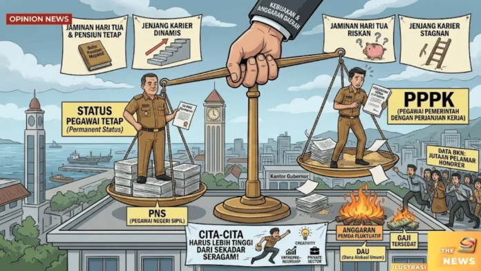 Infografis perbandingan PNS dan PPPK yang menunjukkan perbedaan status pegawai tetap vs kontrak, jenjang karir, dan risiko anggaran daerah