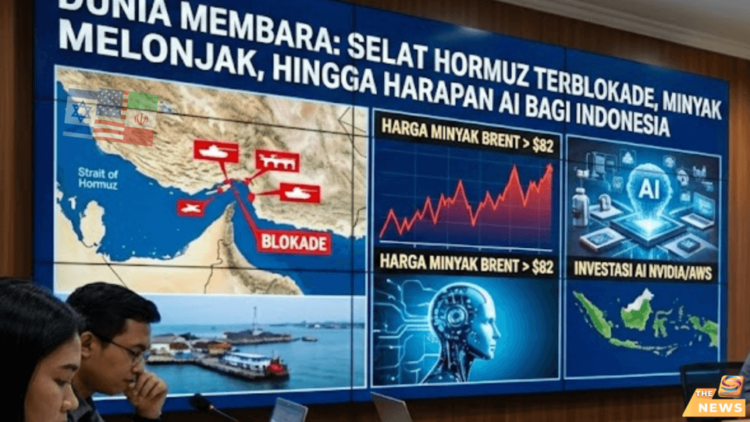 Dunia Membara Selat Hormuz Terblokade, Minyak Melonjak, hingga Harapan AI bagi Indonesia Infografis berita dunia membara: blokade Selat Hormuz, harga minyak melonjak, dan investasi AI Nvidia-Amazon di Indonesia.