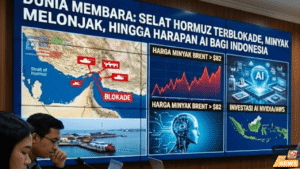 Infografis berita dunia membara: blokade Selat Hormuz, harga minyak melonjak, dan investasi AI Nvidia-Amazon di Indonesia.