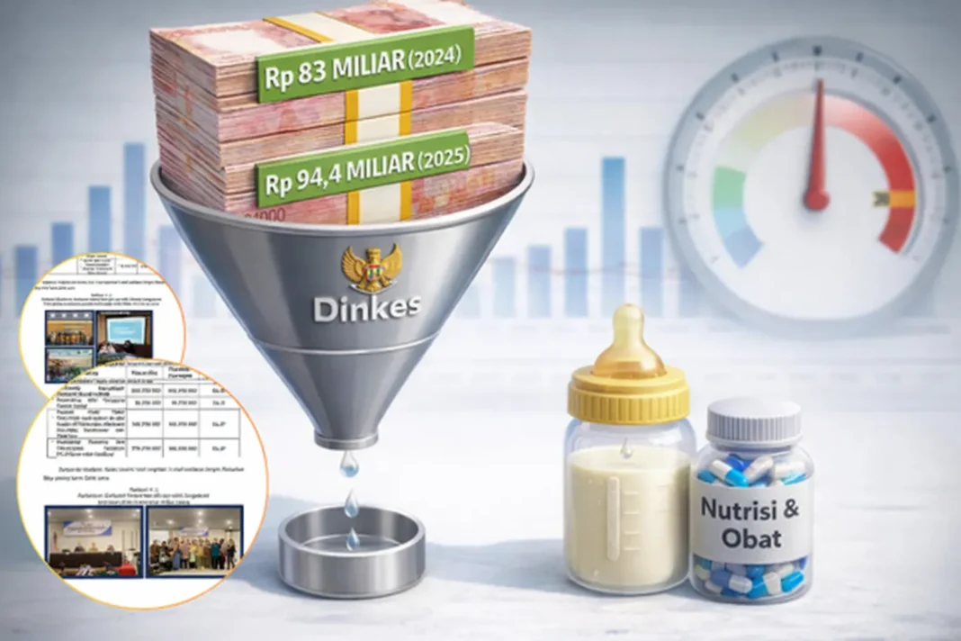 Ilustrasi kontradiksi anggaran Dinkes Kepri 2025 antara serapan anggaran rapat 93% (kiri) dengan realisasi gizi dan keamanan obat 0% (kanan).