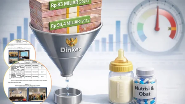Ilustrasi kontradiksi anggaran Dinkes Kepri 2025 antara serapan anggaran rapat 93% (kiri) dengan realisasi gizi dan keamanan obat 0% (kanan).