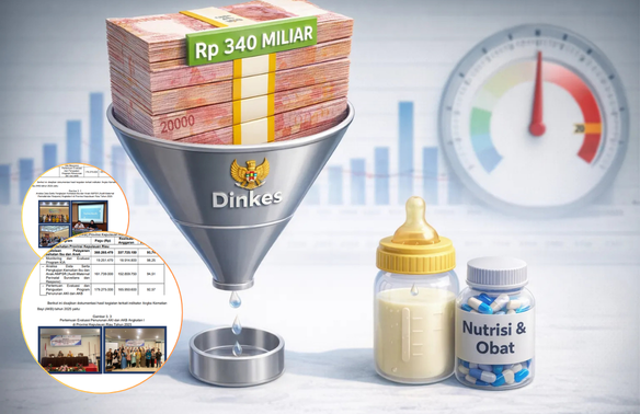 Ilustrasi kontradiksi anggaran Dinkes Kepri 2025 antara serapan anggaran rapat 93% (kiri) dengan realisasi gizi dan keamanan obat 0% (kanan).