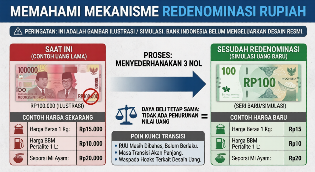 GAMBAR ILUSTRASI/SIMULASI Infografis simulasi mekanisme redenominasi Rupiah, membandingkan uang Rp100.000 lama dengan simulasi uang Rp100 baru, serta contoh perubahan harga barang (Beras, BBM, Mi Ayam) yang menunjukkan daya beli tetap sama.