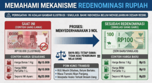 Infografis simulasi mekanisme redenominasi Rupiah, membandingkan uang Rp100.000 lama dengan simulasi uang Rp100 baru, serta contoh perubahan harga barang (Beras, BBM, Mi Ayam) yang menunjukkan daya beli tetap sama.