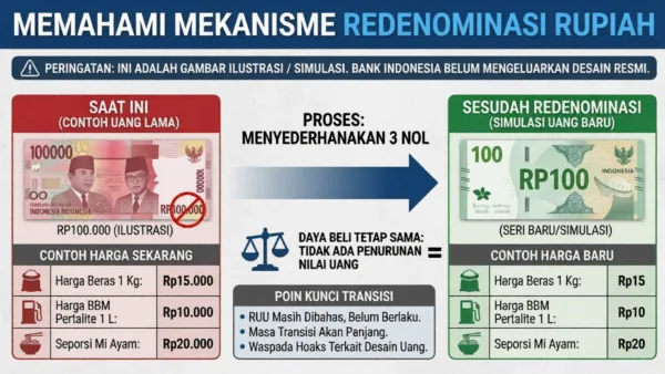 Infografis simulasi mekanisme redenominasi Rupiah, membandingkan uang Rp100.000 lama dengan simulasi uang Rp100 baru, serta contoh perubahan harga barang (Beras, BBM, Mi Ayam) yang menunjukkan daya beli tetap sama.