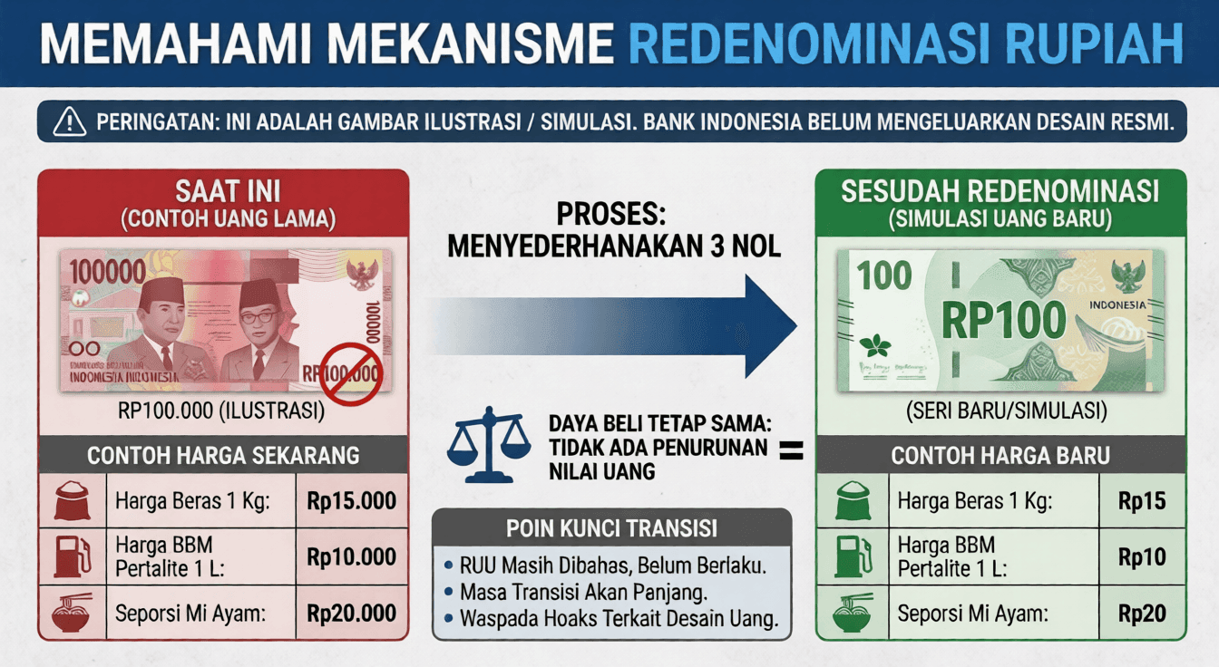 Infografis simulasi mekanisme redenominasi Rupiah, membandingkan uang Rp100.000 lama dengan simulasi uang Rp100 baru, serta contoh perubahan harga barang (Beras, BBM, Mi Ayam) yang menunjukkan daya beli tetap sama.