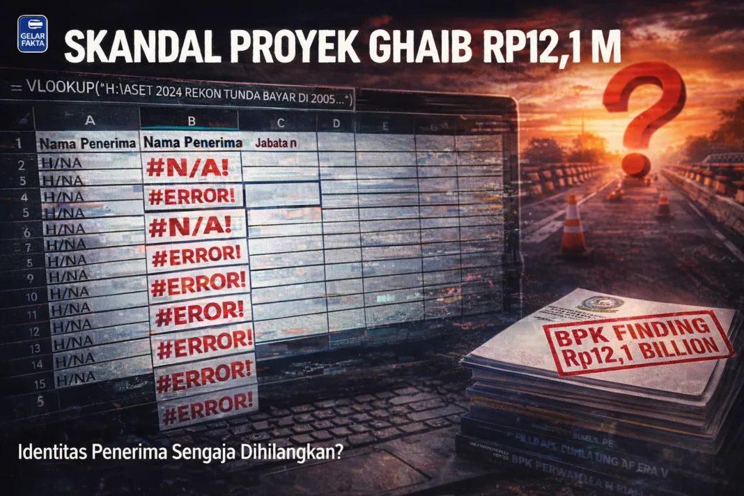skandal-proyek-ghaib-kepri-12-miliar-gelar-fakta Ilustrasi investigasi skandal korupsi hibah aset Kepri 12,1 miliar rupiah, menampilkan error database #N/A dan latar belakang proyek infrastruktur jalan.