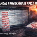 Ilustrasi investigasi skandal korupsi hibah aset Kepri 12,1 miliar rupiah, menampilkan error database #N/A dan latar belakang proyek infrastruktur jalan.