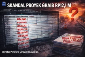Ilustrasi investigasi skandal korupsi hibah aset Kepri 12,1 miliar rupiah, menampilkan error database #N/A dan latar belakang proyek infrastruktur jalan.