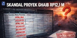 Skandal Proyek “Ghaib” Rp12,1 Miliar di Kepri Ilustrasi investigasi skandal korupsi hibah aset Kepri 12,1 miliar rupiah, menampilkan error database #N/A dan latar belakang proyek infrastruktur jalan.
