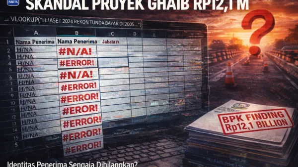 Ilustrasi investigasi skandal korupsi hibah aset Kepri 12,1 miliar rupiah, menampilkan error database #N/A dan latar belakang proyek infrastruktur jalan.