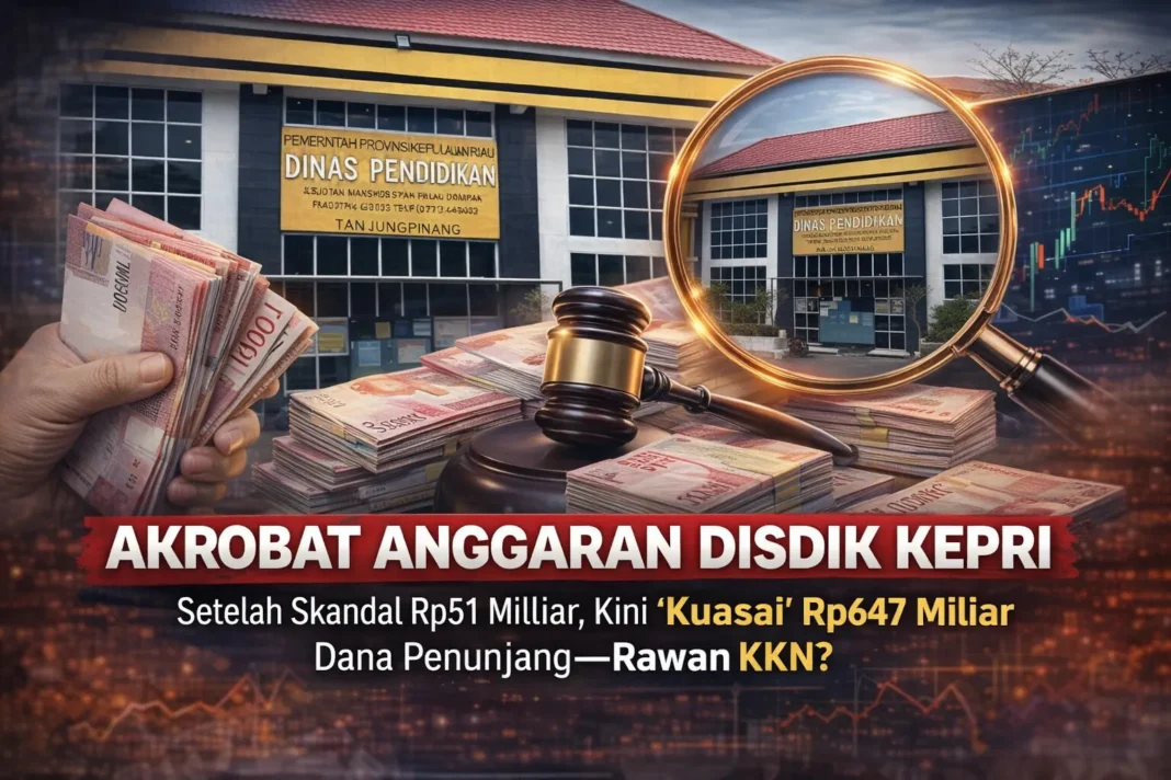Grafis berita Gelar Fakta Samudera Kepri tentang investigasi dugaan skandal anggaran Dinas Pendidikan (Disdik) Kepri, menampilkan ikon keuangan mata uang Rupiah dan grafik data yang menyoroti angka-angka besar yang hilang dan yang dikelola, dengan judul 'Akrobat Anggaran Disdik Kepri'.