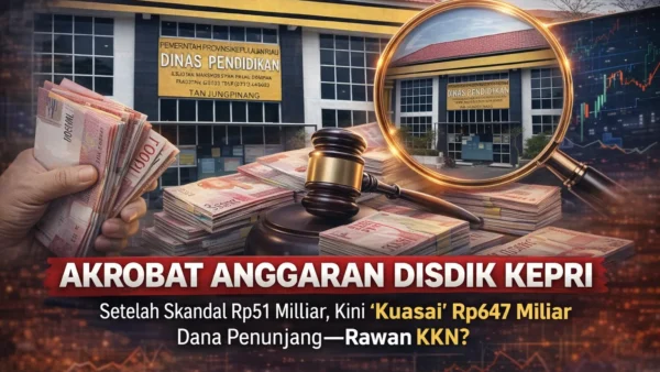 Grafis berita Gelar Fakta Samudera Kepri tentang investigasi dugaan skandal anggaran Dinas Pendidikan (Disdik) Kepri, menampilkan ikon keuangan mata uang Rupiah dan grafik data yang menyoroti angka-angka besar yang hilang dan yang dikelola, dengan judul 'Akrobat Anggaran Disdik Kepri'.