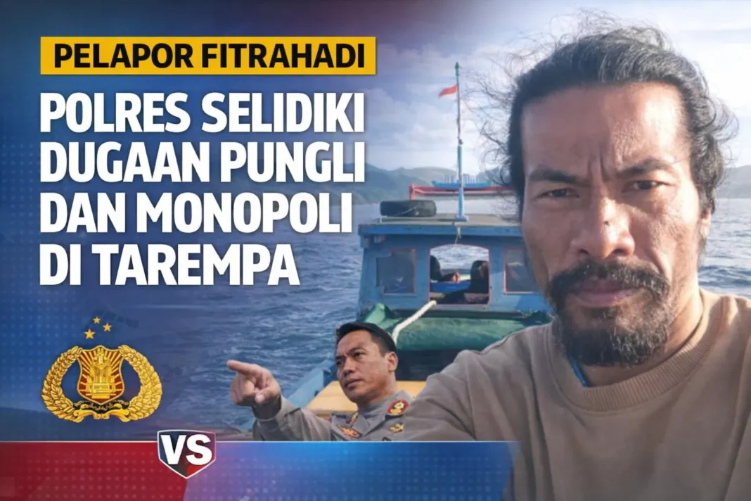 berita investigasi menampilkan Fitrahadi di atas kapal nelayan dengan latar laut dan pegunungan. Visual buatan tim redaksi untuk publikasi kasus dugaan pungli dan monopoli di Tarempa.
