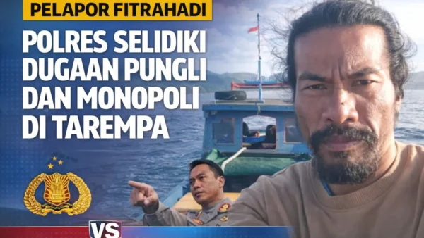 berita investigasi menampilkan Fitrahadi di atas kapal nelayan dengan latar laut dan pegunungan. Visual buatan tim redaksi untuk publikasi kasus dugaan pungli dan monopoli di Tarempa.