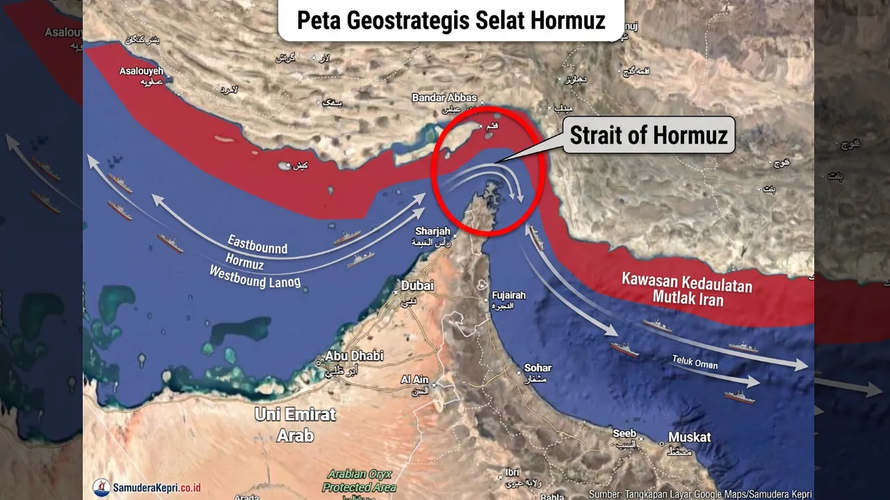 Peta konflik geostrategis Selat Hormuz jalur maritim vital antara kedaulatan mutlak Iran dan Uni Emirat Arab