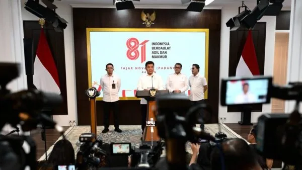 Suasana peluncuran resmi logo dan identitas visual HUT ke-81 Kemerdekaan RI di Kompleks Istana Kepresidenan Jakarta.