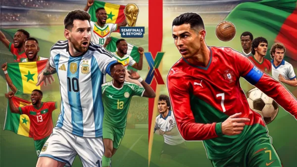 Ilustrasi bagan babak gugur Piala Dunia 2026 yang menampilkan potensi final Lionel Messi vs Cristiano Ronaldo serta kebangkitan tim-tim Afrika.