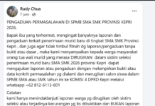 Banyak Keluhan Wali Murid, Komisi 4 DPRD Kepri Buka Posko Pengaduan Masalah Sispmb SMA/SMK Tangkapan layar unggahan resmi Facebook Anggota DPRD Kepri Rudy Chua terkait pembukaan posko pengaduan masalah SPMB SMA SMK 2026.