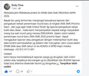 Tangkapan layar unggahan resmi Facebook Anggota DPRD Kepri Rudy Chua terkait pembukaan posko pengaduan masalah SPMB SMA SMK 2026.