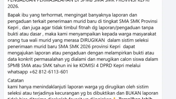 Tangkapan layar unggahan resmi Facebook Anggota DPRD Kepri Rudy Chua terkait pembukaan posko pengaduan masalah SPMB SMA SMK 2026.