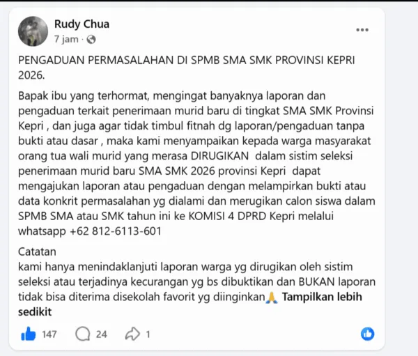 Tangkapan layar unggahan resmi Facebook Anggota DPRD Kepri Rudy Chua terkait pembukaan posko pengaduan masalah SPMB SMA SMK 2026.