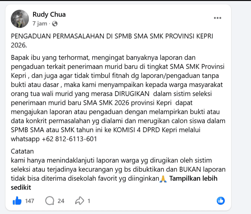 Tangkapan layar unggahan resmi Facebook Anggota DPRD Kepri Rudy Chua terkait pembukaan posko pengaduan masalah SPMB SMA SMK 2026.