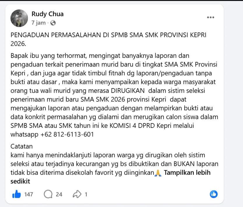 Banyak Keluhan Wali Murid, Komisi 4 DPRD Kepri Buka Posko Pengaduan Masalah Sispmb SMA/SMK