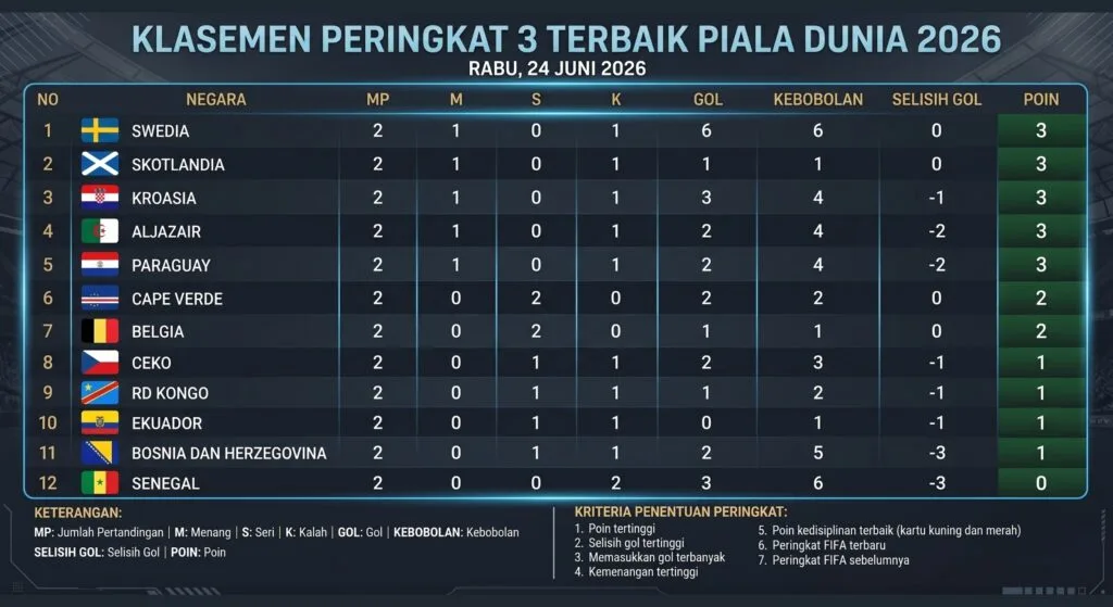 Peta Persaingan Peringkat 3 Terbaik Piala Dunia 2026 Setelah Matchday Kedua