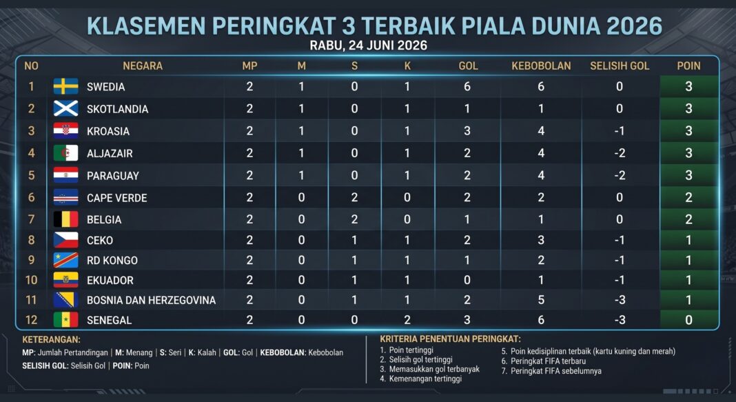 klasmen pringkat 3 Update klasemen peringkat 3 terbaik Piala Dunia 2026 per 24 Juni 2026. Swedia memimpin, Cape Verde beri kejutan, dan Belgia terancam di posisi ke-7.