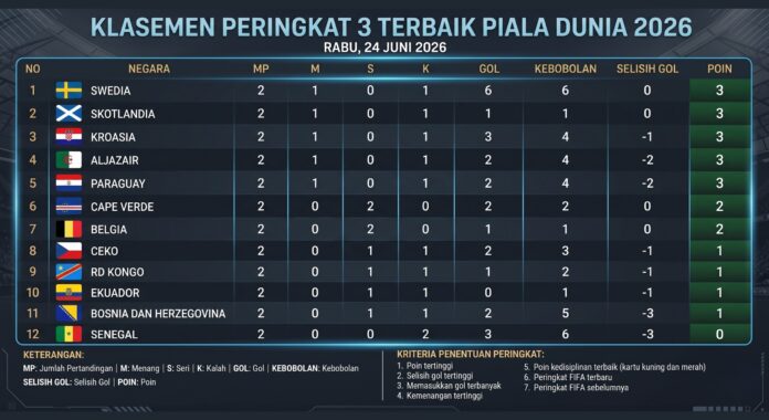klasmen pringkat 3 Update klasemen peringkat 3 terbaik Piala Dunia 2026 per 24 Juni 2026. Swedia memimpin, Cape Verde beri kejutan, dan Belgia terancam di posisi ke-7.