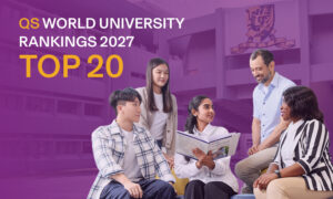 Gedung kampus megah The Chinese University of Hong Kong (CUHK) dengan pengumuman masuk 20 besar peringkat dunia QS.