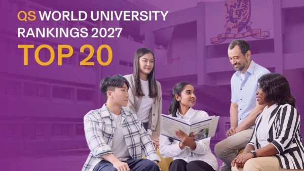Gedung kampus megah The Chinese University of Hong Kong (CUHK) dengan pengumuman masuk 20 besar peringkat dunia QS.