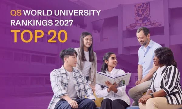 Gedung kampus megah The Chinese University of Hong Kong (CUHK) dengan pengumuman masuk 20 besar peringkat dunia QS.