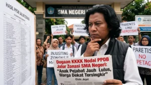 Ilustrasi para orang tua murid yang sedang melihat papan pengumuman kelulusan PPDB di sebuah SMA Negeri.