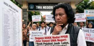 Dugaan KKN Nodai PPDB Jalur Zonasi SMA Negeri: “Anak Pejabat Jauh Lulus, Warga Dekat Tersingkir” Ilustrasi para orang tua murid yang sedang melihat papan pengumuman kelulusan PPDB di sebuah SMA Negeri.
