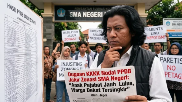 Ilustrasi para orang tua murid yang sedang melihat papan pengumuman kelulusan PPDB di sebuah SMA Negeri.