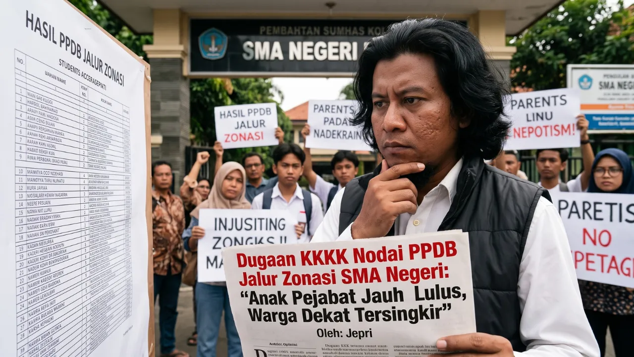Ilustrasi para orang tua murid yang sedang melihat papan pengumuman kelulusan PPDB di sebuah SMA Negeri.