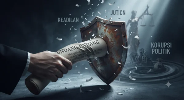 Ilustrasi konsep politik uang dan dampaknya terhadap tata kelola pemerintahan serta pembangunan nasional.