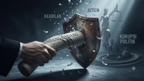 Ilustrasi konsep politik uang dan dampaknya terhadap tata kelola pemerintahan serta pembangunan nasional.