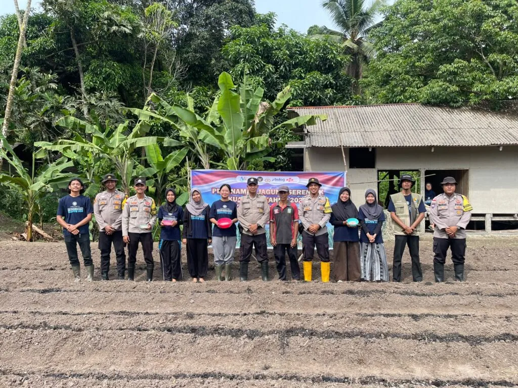 Personel Polsek Jemaja bersama mahasiswa KKN UGM dan Kelompok Tani Tunas Karya saat menanam benih jagung di Desa Bukit Padi.