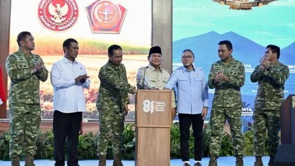 Presiden Prabowo Subianto saat memberikan sambutan pada acara Panen Raya Serentak di Kabupaten Malang.