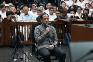 Suasana persidangan pembacaan putusan vonis 10 tahun penjara terhadap terdakwa Nadiem Makarim di Pengadilan Tipikor Jakarta Pusat.