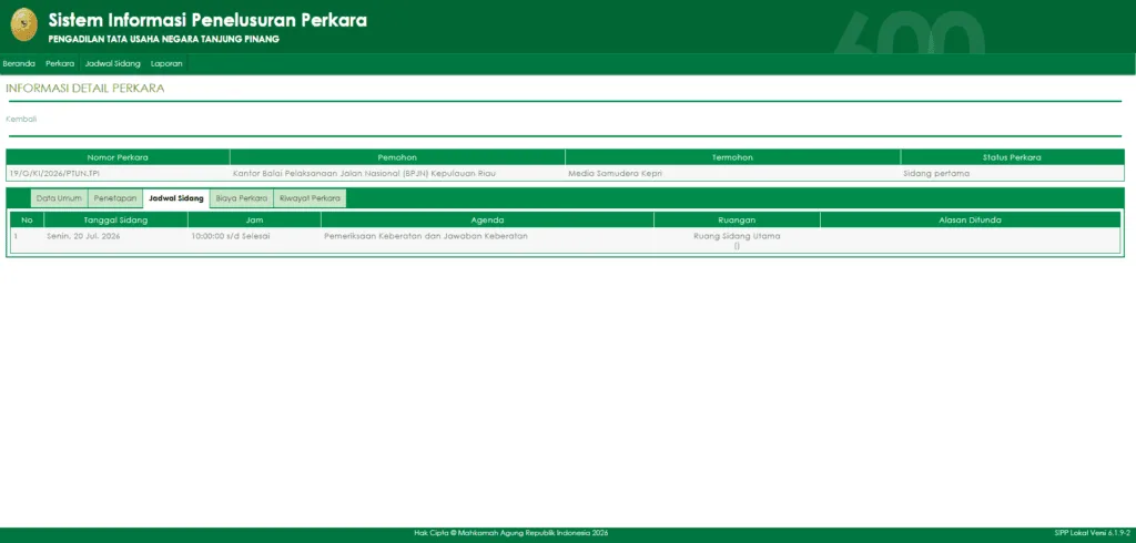 Tangkapan layar kalender persidangan elektronik perkara nomor 19/G/KI/2026/PTUN.TPI pada SIPP PTUN Tanjung Pinang.