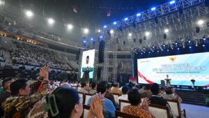 Presiden Prabowo Subianto saat menghadiri Puncak Peringatan Hari Koperasi ke-79 di Indonesia Arena, Jakarta.